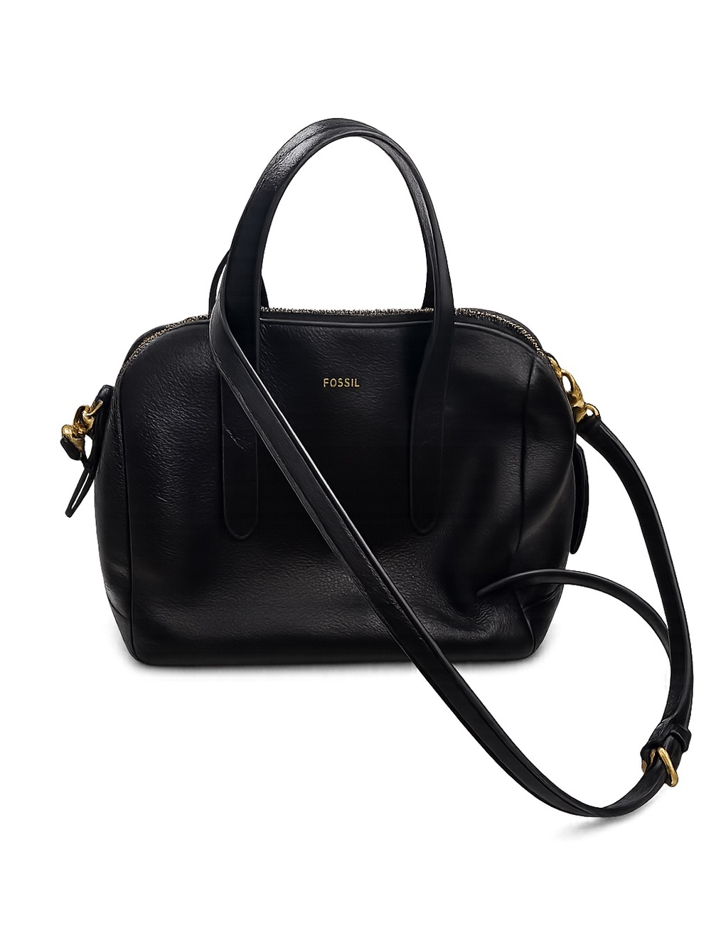 Fossil Black Leather Dome Satchel with Crossbody Strap